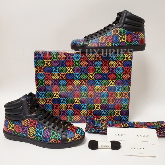 GUCCI SNEAKERS PSYCHEDELIC HIGH GG LOGO SUPREME CANVAS LEATHER SHOES sz 8.5G 9 - Picture 2 of 15